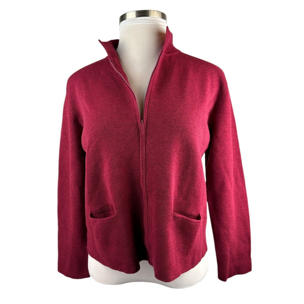 Eileen Fisher 100% Wool Full Zip Cardigan Sweater Jacket Red Burgundy Medium - Picture 3 of 13